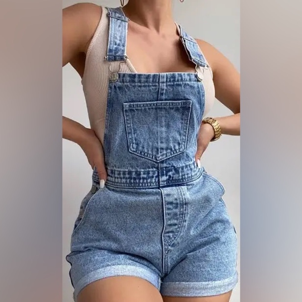 SHEIN Distressed Denim Short Overalls Bibs Acid Wash Stretch 2